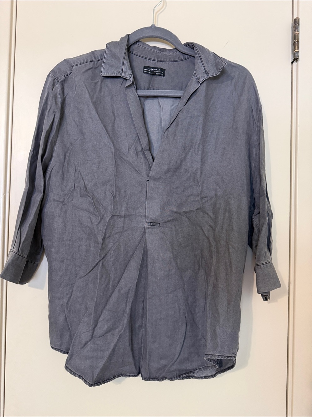 Zara Slate Gray Lightweight V-Neck Button-Front Blouse